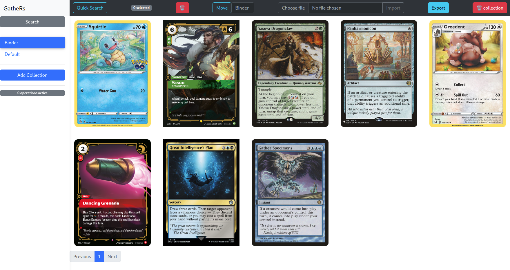 GatheRs Web UI — card search interface